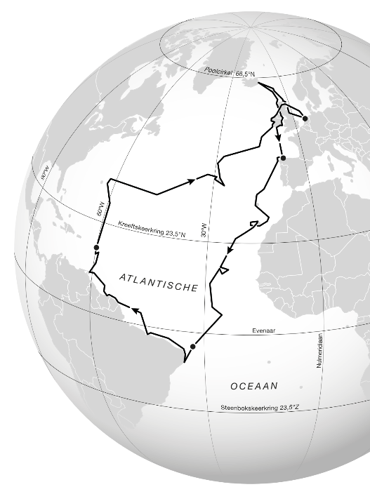 Kaart van de Atlantische Oceaan met de zeilroute van Nederland via de Faeröer en IJsland naar Kaapverdië, Brazilië en Suriname
